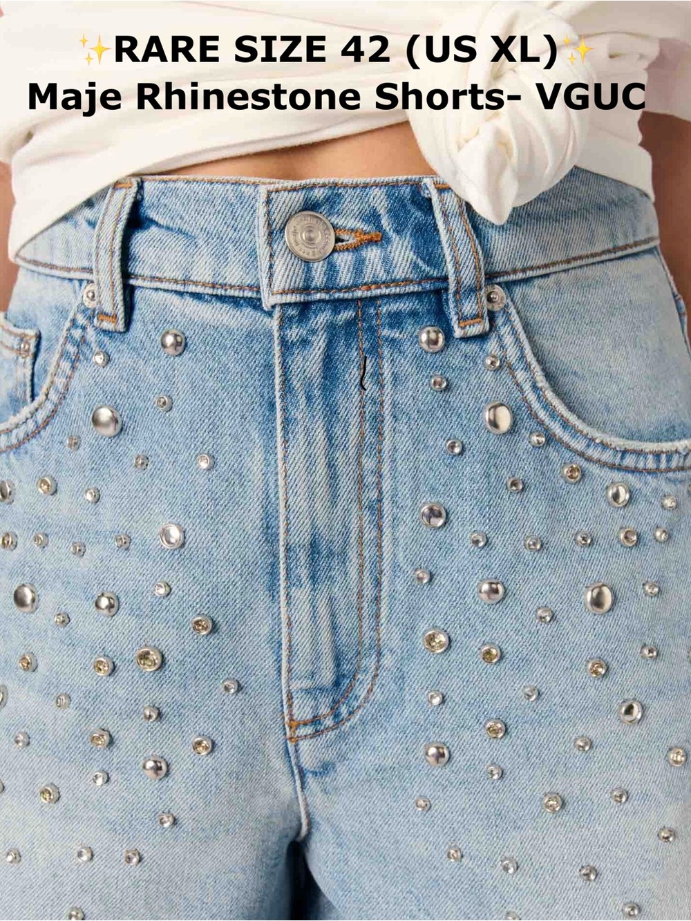 Maje Rhinestone Denim Shorts Size 42 RARE X-Large Embellished Light Wash VGUC